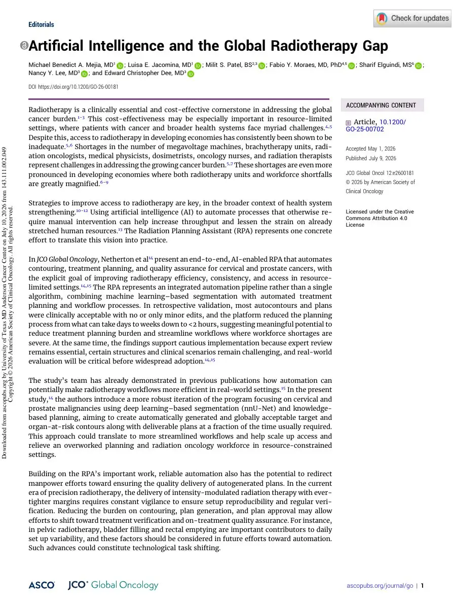First page of “Artificial Intelligence and the Global Radiotherapy Gap”
