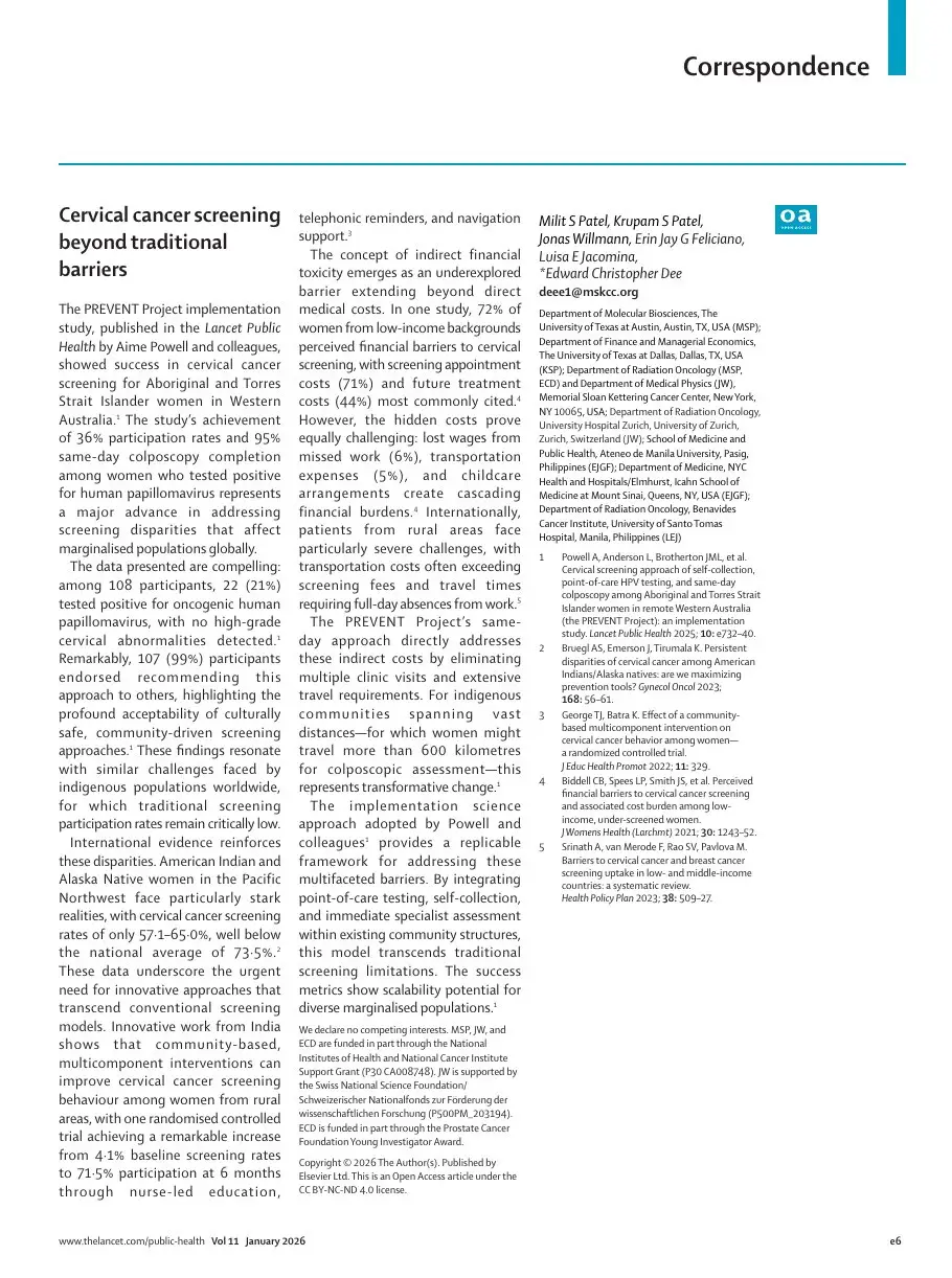 First page of “Cervical Cancer Screening Beyond Traditional Barriers”