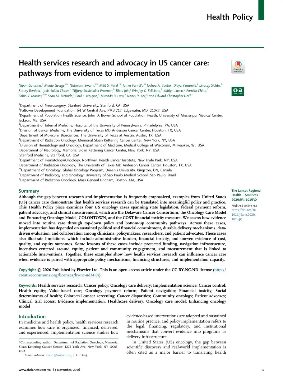 First page of “Health services research and advocacy in US cancer care: pathways from evidence to implementation”