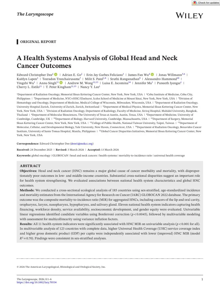 First page of “A Health Systems Analysis of Global Head and Neck Cancer Outcomes”