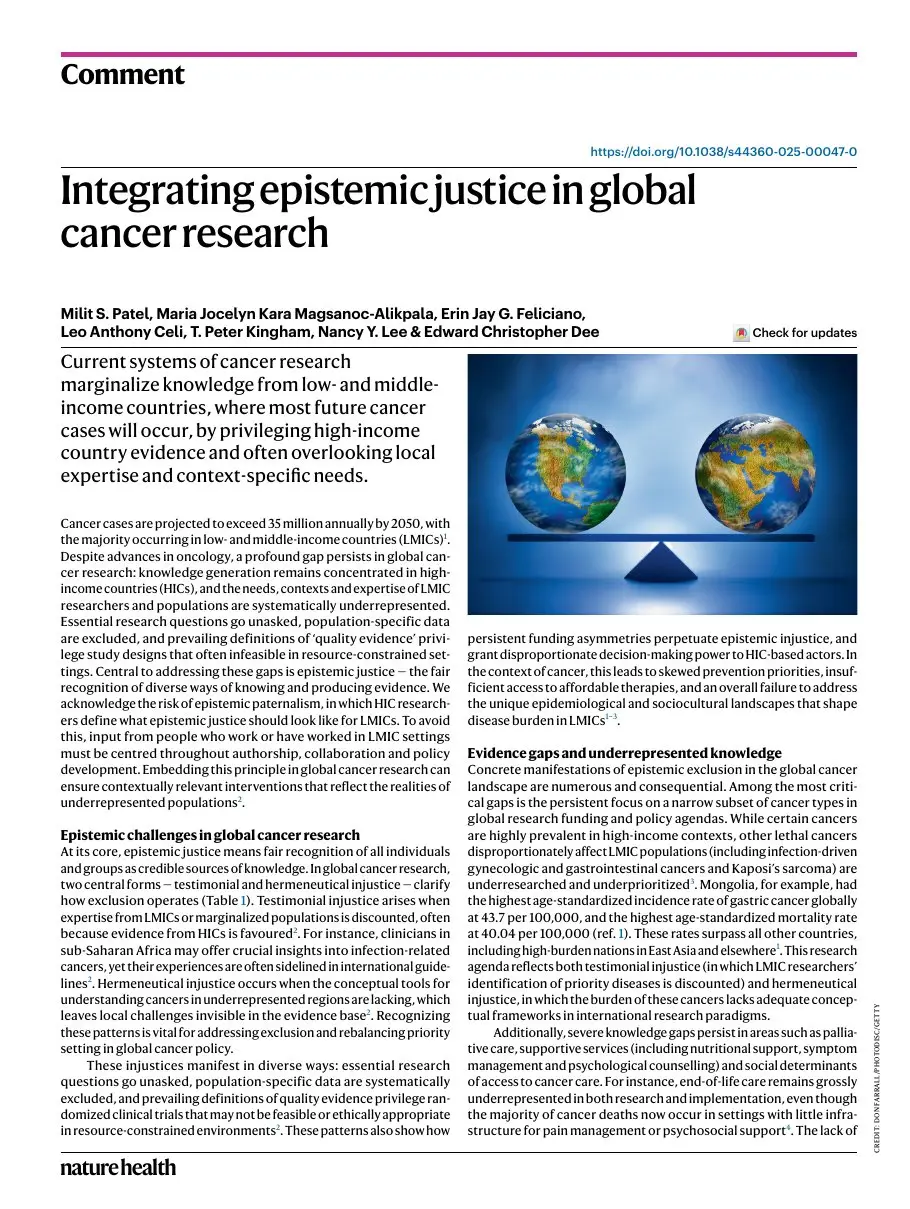 First page of “Integrating epistemic justice in global cancer research”