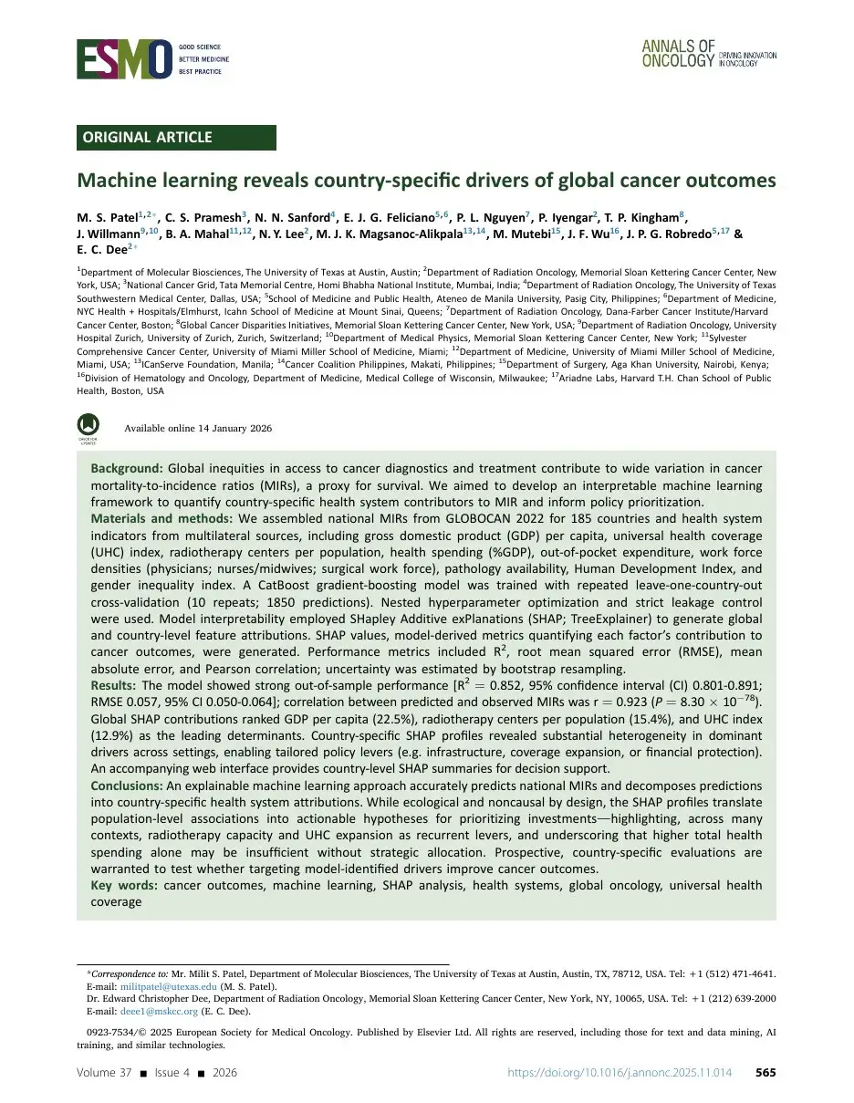 First page of “Machine learning reveals country-specific drivers of global cancer outcomes”