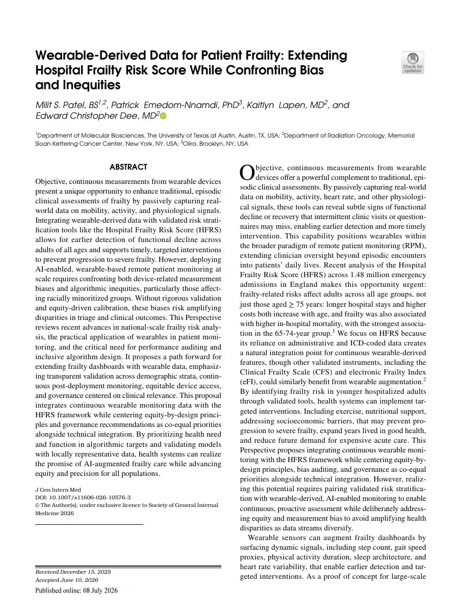 First page of “Wearable-Derived Data for Patient Frailty: Extending Hospital Frailty Risk Score While Confronting Bias and Inequities”